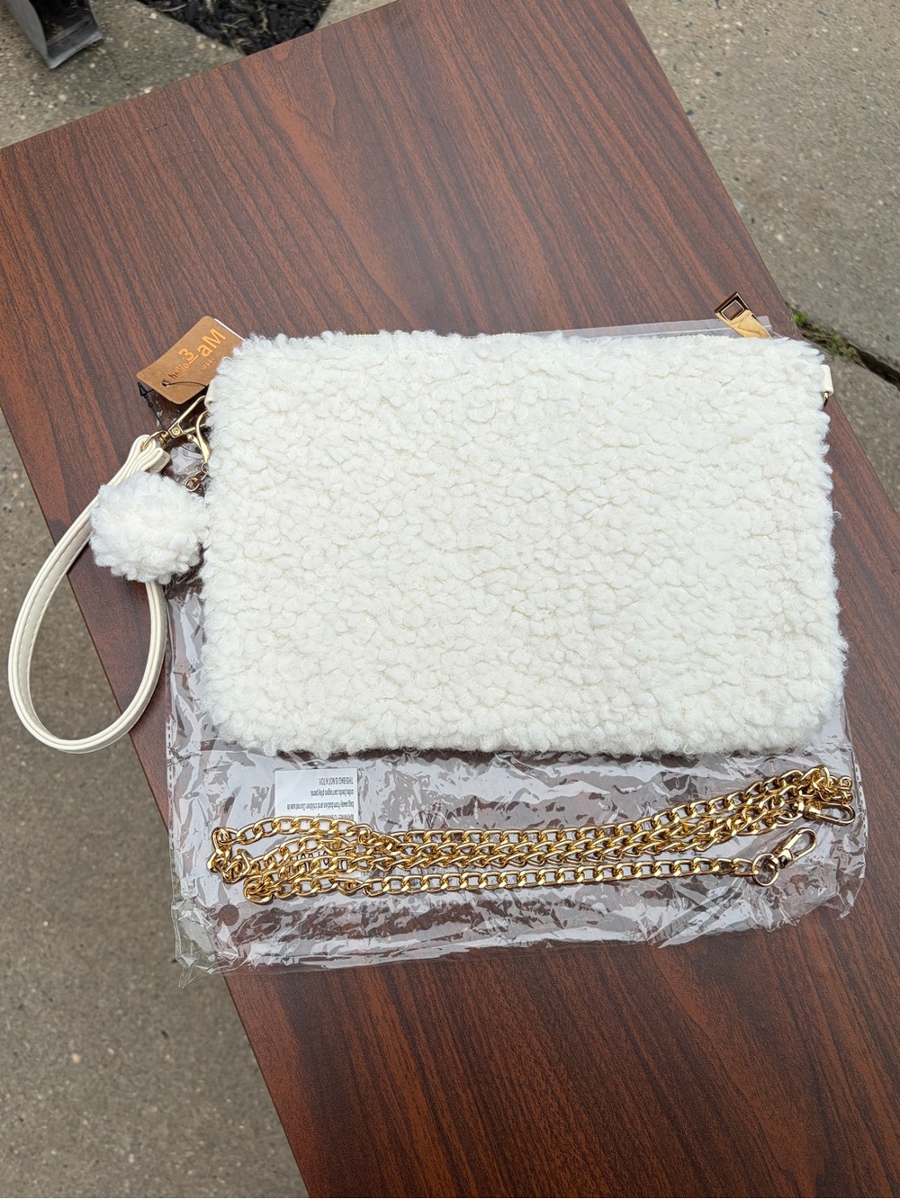 Hello 3AM Ivory Sherpa Clutch Crossbody Wristlet Gold Chain NWT